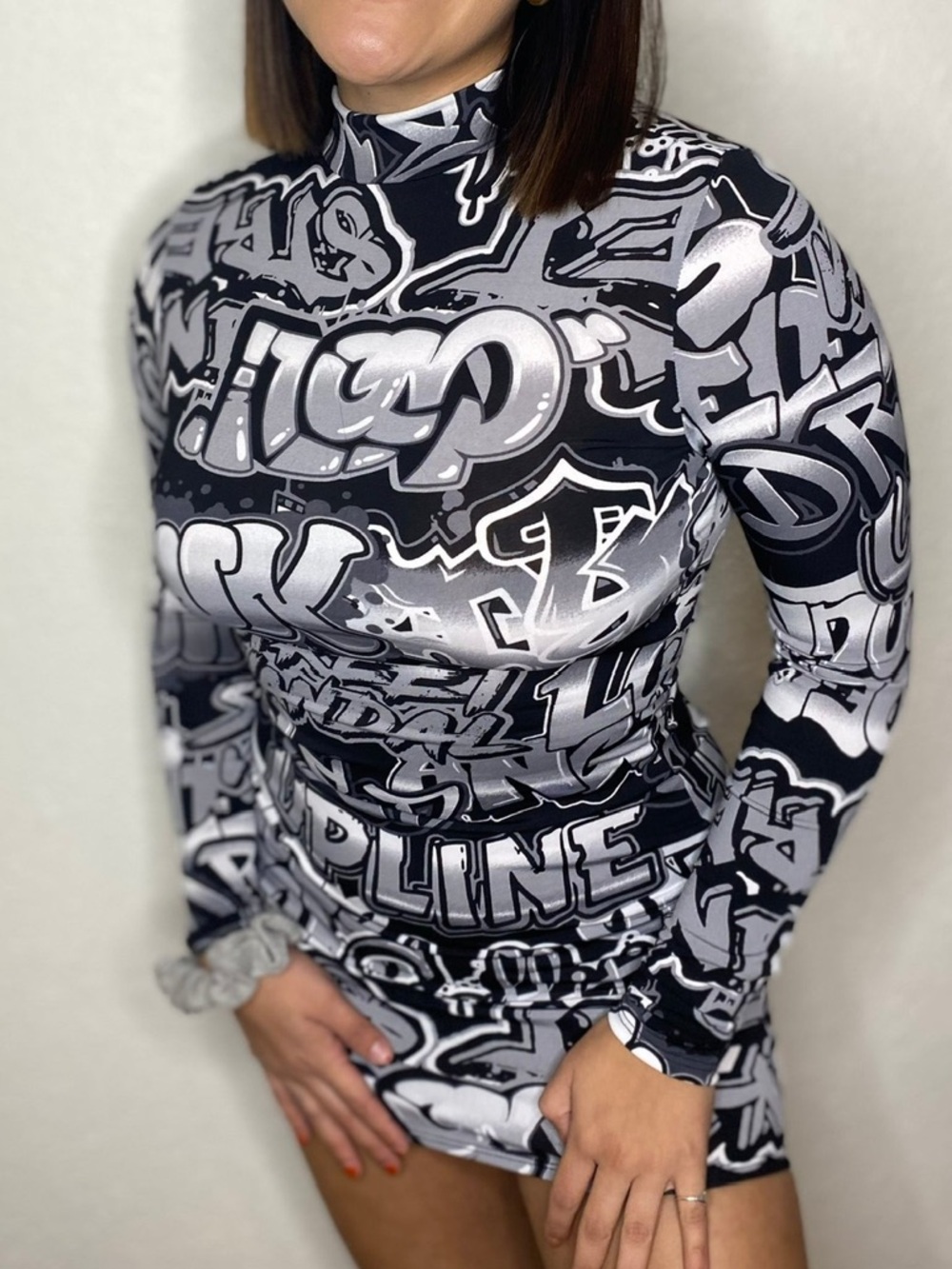 Long Sleeve Graffiti Print Mock Neck Dress - Black & Gray